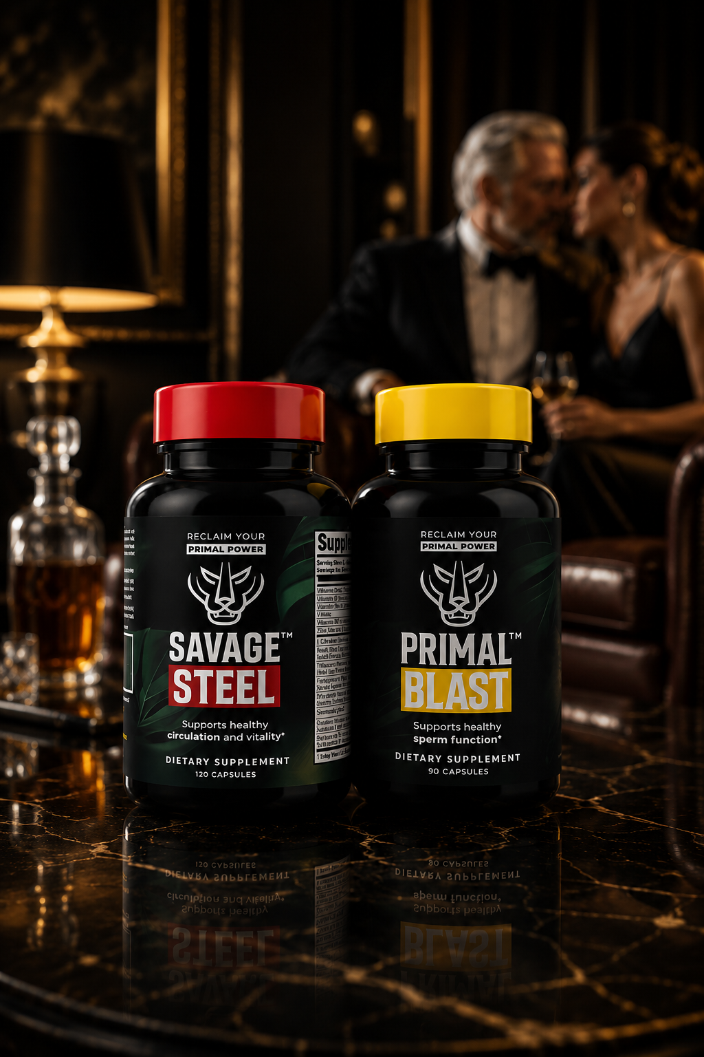 Savage Steel™ and Primal Blast® bottles on a marble table