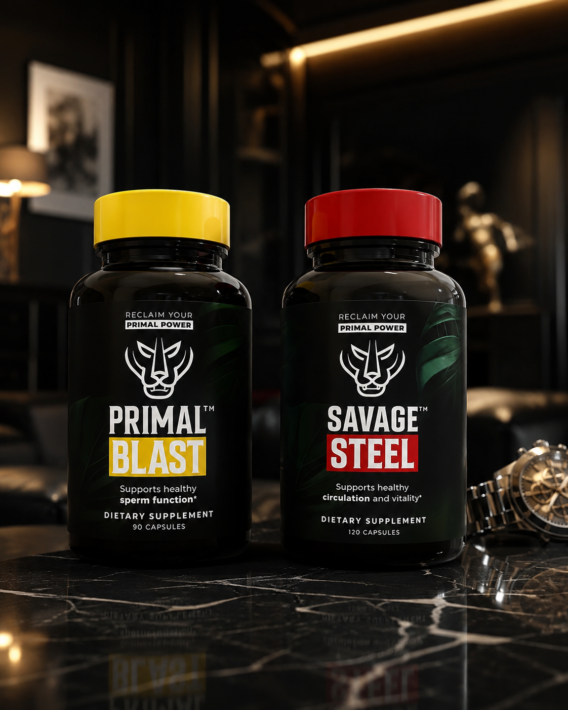 Primal Blast® and Savage Steel™ bottles on black marble in a luxury interior